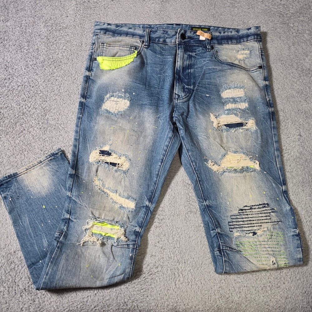 Smoke Rise Mens 38 Slim Fit Distressed Jeans Y2K Neon Yellow Paint Splatter Rip